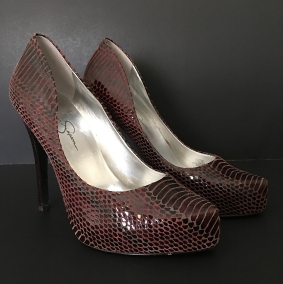 Jessica Simpson Heels Snakeskin Platform Stilettos Burgundy Leather 7.5B 5" - Picture 2 of 9
